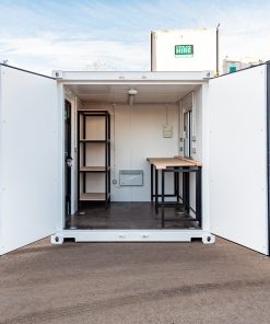 10ft Portable Site Office Container with Workbench & Shelving – Fully Fitted Container Office Australia